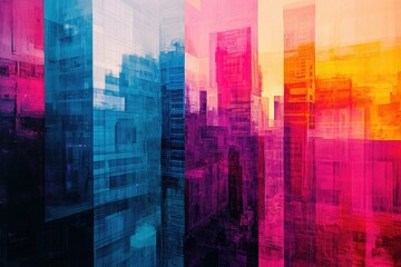 Leinwandbilder - Abstract cityscape with vibrant colors and layered, overlapping blocks, suggesting a modern metropolis.