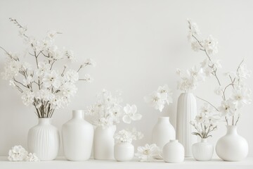Poster - Elegant display of white flowers in various vases on a minimalist backdrop in a bright room