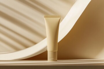 Poster - Sleek skin care tube displayed on a soft beige shelf with smooth contours and gentle shadows