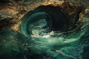 Poster - A swirling ocean wave crashes into a dark cave, creating a mesmerizing natural spectacle.