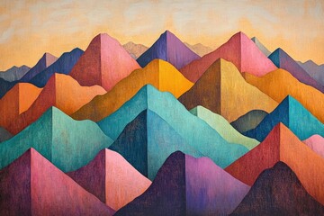 Poster - Abstract landscape painting of colorful, geometric mountains at sunset.
