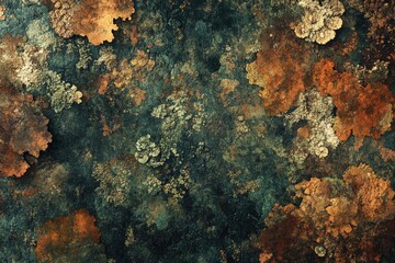 Poster - Abstract textured background featuring rusty, orange, and green lichen-like patterns on a dark surface.
