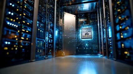 Poster - Illuminated Futuristic Server Room Digital Data Center Showcasing Advanced Technology and Network Connections