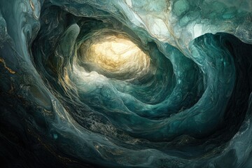 Poster - A swirling, ethereal ice cave with a luminous opening, showcasing intricate teal and gold textures.