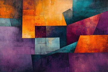 Aufkleber - Abstract artwork featuring geometric shapes in vibrant hues of orange, purple, teal, and dark brown, creating a textured and layered composition.