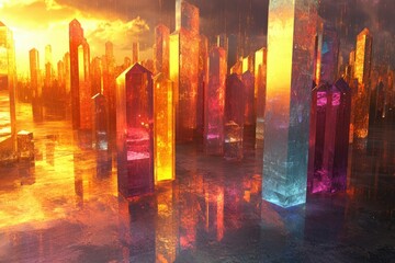 Aufkleber - A futuristic city skyline composed of vibrant, crystalline skyscrapers reflecting in a wet, reflective surface at sunset.