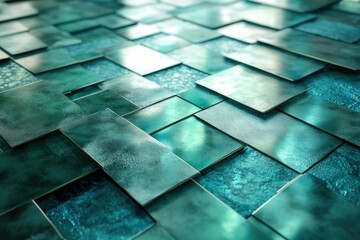 Aufkleber - Teal metallic tiles arranged in an overlapping pattern, creating a textured and shimmering surface.