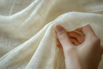 Aufkleber - A hand delicately holds a piece of creamy, textured fabric, showcasing its soft, sheer nature.