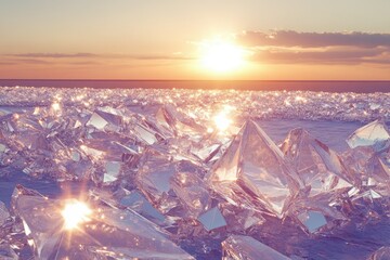 Poster - A breathtaking sunset illuminates a vast expanse of glistening, crystalline ice formations on a frozen lake.