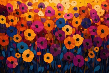 Aufkleber - Vibrant, multicolored poppy field painting with bold brushstrokes and rich colors, showcasing a dense arrangement of flowers.