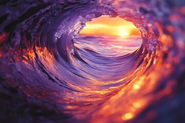 Poster - A vibrant sunset viewed through a translucent, curling ocean wave, showcasing nature's beauty.