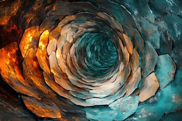 Leinwandbilder - Abstract swirling tunnel of teal and burnt orange, textured metallic scales creating a vortex effect.