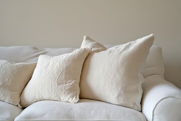 Poster - Cozy white sofa adorned with textured pillows creates a serene living space in natural light