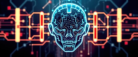 Poster - AI generated face with circuit board detailing and vibrant neon lighting for tech forward look
