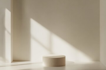 Poster - Minimalist design featuring a light-filled room with a circular pedestal and soft shadows in a warm, neutral palette