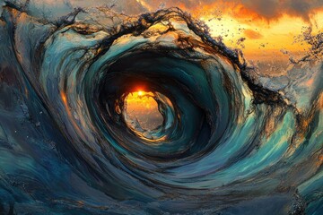 Aufkleber - A mesmerizing ocean wave curls into a breathtaking vortex, revealing a vibrant sunset through its swirling depths.