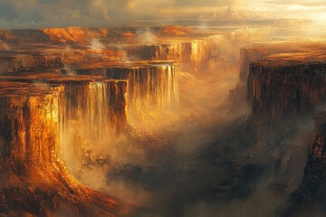 Aufkleber - A breathtaking vista of a canyon, where golden waterfalls cascade down towering cliffs, shrouded in a mystical mist under a dramatic sunset.
