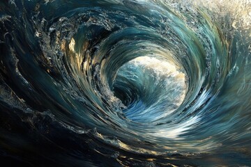 Aufkleber - A mesmerizing vortex of ocean waves, swirling with teal and gold hues, creating a captivating spectacle of nature's power.