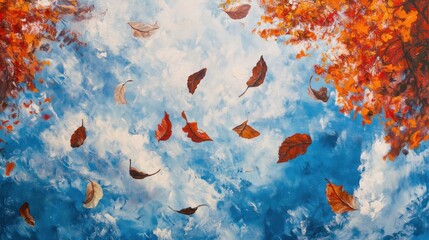 Poster - Autumn leaves falling from colorful trees against a bright blue sky