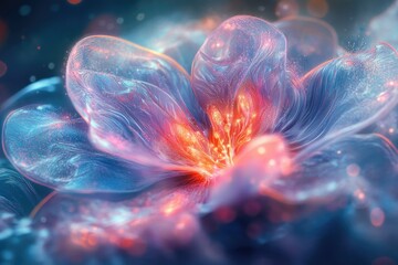 Aufkleber - A mesmerizing digital art depicting a luminous, translucent flower with vibrant orange and blue hues, radiating ethereal beauty.