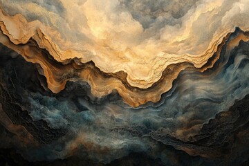 Aufkleber - Abstract artwork depicting a landscape of layered, textured mountains in shades of gold, brown, and dark blue.