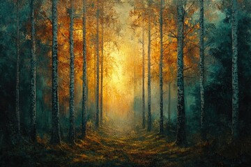 Poster - Golden sunlight filters through a misty autumn forest, illuminating slender birch trees along a path.