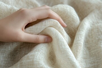 Poster - A hand gently caresses soft, textured off-white linen fabric, showcasing its delicate weave.