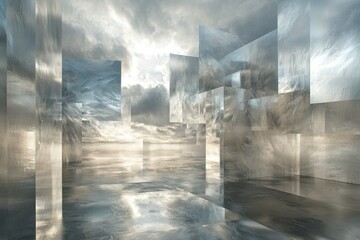 Poster - Abstract digital art depicting a cloudy sky reflected in a futuristic, glassy structure.
