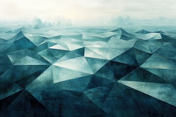 Fototapete - Abstract polygonal landscape with teal and blue tones, depicting a hazy mountain range in a low-poly style.