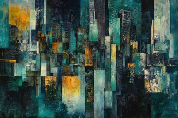 Poster - Abstract cityscape painting with teal, gold, and dark tones; a modern, geometric representation of urban architecture.