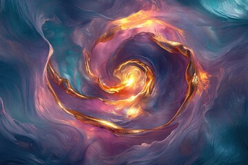 Poster - Abstract swirling vortex of purple, teal, and gold, resembling a cosmic nebula or celestial tunnel.