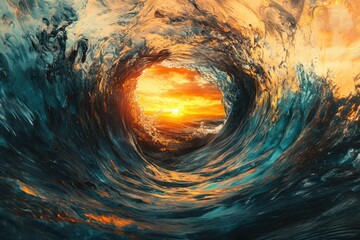 Aufkleber - A breathtaking view of a sunset through a translucent ocean wave, showcasing vibrant colors and natural beauty.