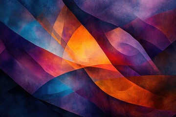 Aufkleber - Abstract artwork featuring overlapping layers of vibrant orange, purple, and blue hues, creating a dynamic and textured visual experience.