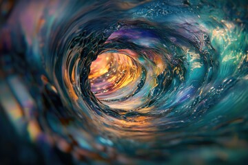 Poster - A mesmerizing view inside a vibrant, swirling ocean wave, showcasing a kaleidoscope of colors and textures.