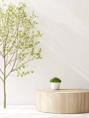 Poster - 3D podium with soft natural lighting, wooden textures, organic ambiance, warm pastel color scheme, seamless elegance, refined composition, subtle atmospheric depth, ultra-high resolution