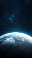 Wall Mural - A stunning view of Earth from space, showcasing the planet's curvature against a backdrop of stars and cosmic scenery.