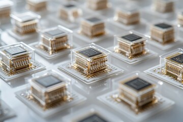 Poster - Many microchips arranged in rows on a white surface.  High-tech semiconductor technology.