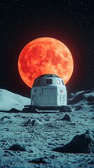 Wall Mural - A futuristic lunar module rests on the moon's surface, illuminated by a vibrant blood-red moon in the starry sky.