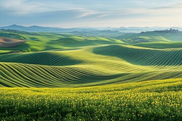 Aufkleber - Rolling green hills and vibrant yellow wildflowers create a picturesque landscape under a serene sky.