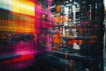 Poster - Abstract digital art depicting a vibrant, complex, interwoven network of lines and structures resembling a futuristic city.