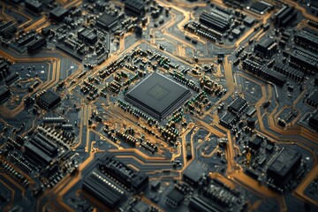 Poster - Close-up view of a complex circuit board with integrated circuits and intricate pathways.