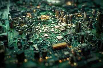 Poster - A close-up view of a complex circuit board, resembling a miniature city of electronics.