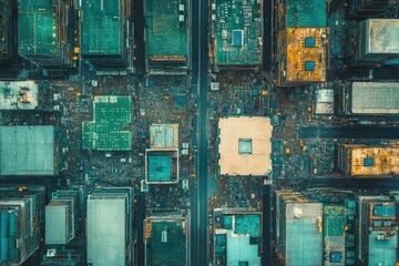 Poster - Aerial view of a complex circuit board resembling a futuristic city.