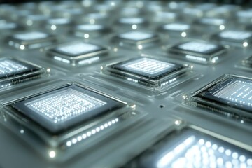 Poster - Close-up view of numerous illuminated microchips arranged on a circuit board, showcasing advanced technology.