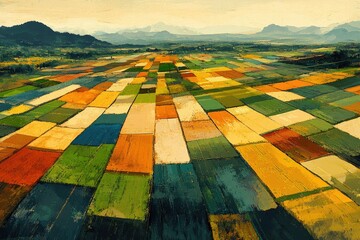 Poster - Aerial view of vibrant patchwork farmland, showcasing diverse crops and colors against a mountainous backdrop.