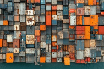 Poster - Aerial view of a cargo ship densely packed with colorful shipping containers, showcasing global trade and logistics.