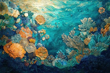 Aufkleber - Vibrant underwater scene depicting a rich tapestry of corals in diverse colors and textures, showcasing the beauty of ocean life.
