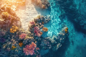 Poster - Vibrant coral reef teeming with life, bathed in sunlight, showcasing diverse marine flora and fauna in a shallow ocean.