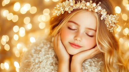 Wall Mural - serenity and elegance: young girl in sheep headband against light gold and yellow bokeh background