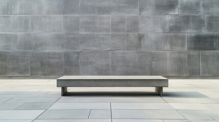 Poster - A modern concrete bench sits against a wall with stone tiles